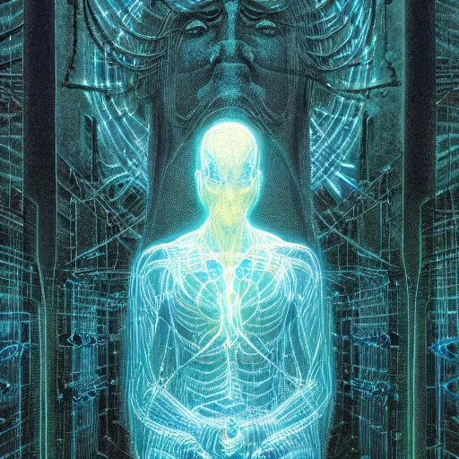 Prompt: an exhausted deity, contemplating existence, beyond the known universe, fine art, bokeh, omnidimensional, ocd, electroluminescent wire by wayne barlowe