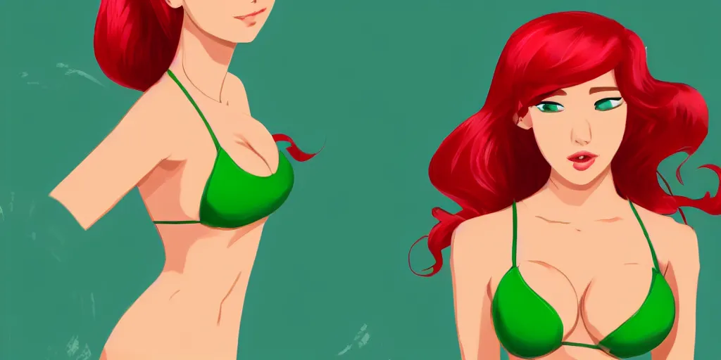Image similar to very beautiful girl, with red hair, in the style 2d, in a green bikini, hair in a bun