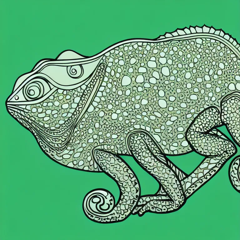Prompt: beautiful chameleon, ornamental, fractal, line art, vector, outline, simplified, colouring page