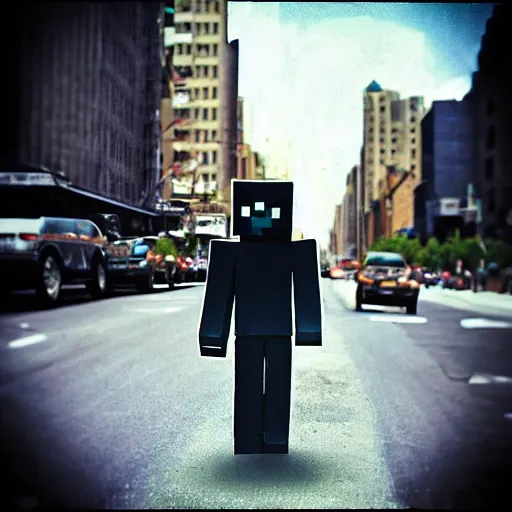 Prompt: A minecraft enderman walking the streets of new york, photograph, polaroid