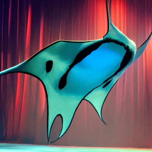 Image similar to a new shy manta ray character, in the style of the muppets, it is a manta ray character with manta ray fins, designed by beetlejuice the musical on broadway, real, photograph, cinematic