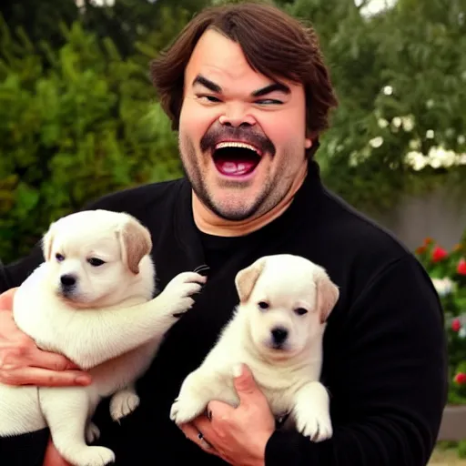 Image similar to jack black eating popcorn, surrounded by puppies, hd, laughing