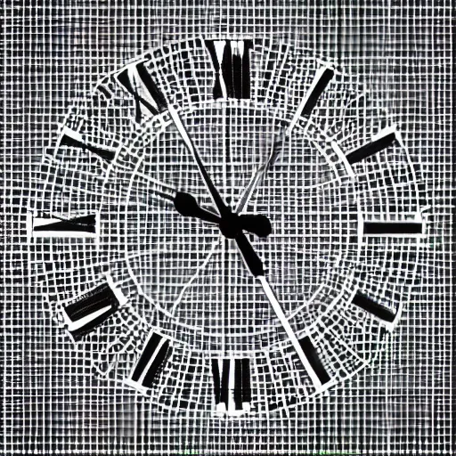 Prompt: a black and white photo of a clock tower, a wireframe diagram by baioken eishun, cg society, ascii art, dye - transfer, black background, ue 5