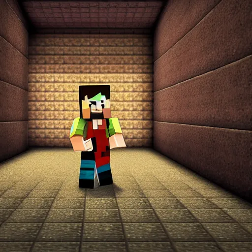 Image similar to Steve from Minecraft with glowing eyes standing in a very dark alley, staring at the camera, motionless. Award winning, high resolution, realistic