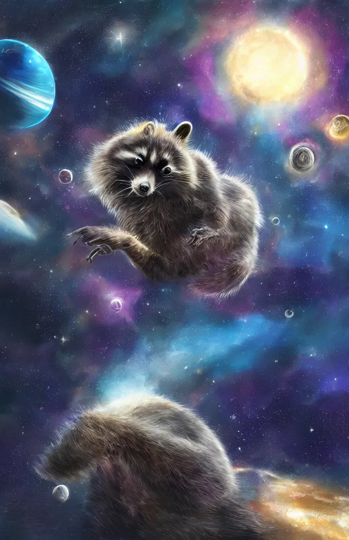 Image similar to A digital concept art painting a space cosmic racoon in the stars, space art concept