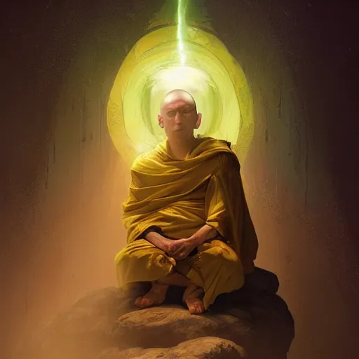 Image similar to a wise monk meditates under a waterfallto pieces with glowing yelow visor as a realistic, torso, art by james jean and greg rutkowski!!, realistic face, like fantasy, digital art, art, trending on artstation, 8 k