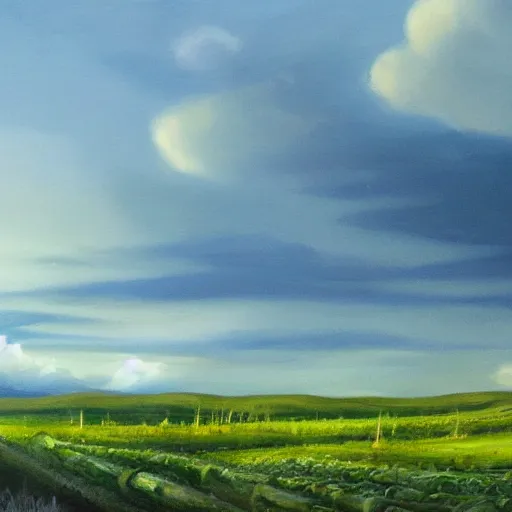 Image similar to concept art of dramatic landscape with giant asparagus at dusk