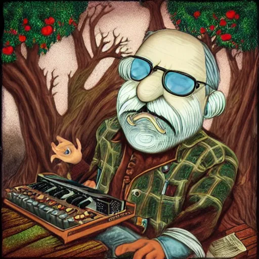 Image similar to old man white beard playing a synthesizer in a tree house, notes and clefs listening , lowbrow surrealistic, in the style of Mark Ryden,