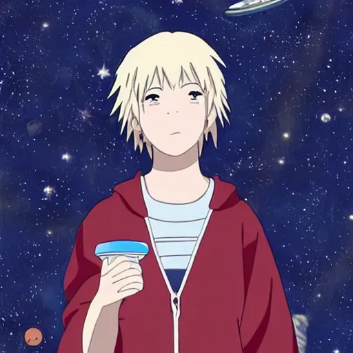 Prompt: Spirited away, guy with dark blonde hair and blue eyes in space, beautiful