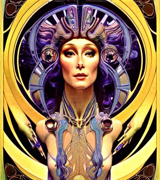 Prompt: detailed realistic beautiful young cher alien robot as queen of andromeda galaxy portrait, art nouveau, symbolist, visionary, baroque, giant fractal details. horizontal symmetry by raymond swanland and alphonse mucha. highly detailed, hyper - real, beautiful