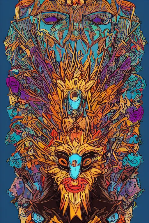 Image similar to animal mask totem roots flower tribal feather gemstone plant wood rock shaman vodoo video game vector cutout illustration vivid multicolor borderlands comics by josan gonzales and dan mumford radiating a glowing aura