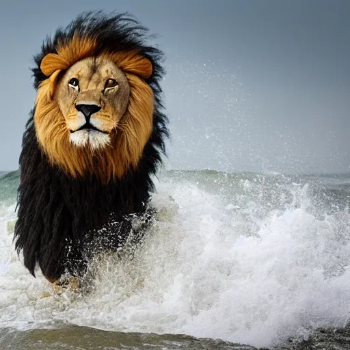 Prompt: a lion's face breaching through a wave stormy weather closeup portrait