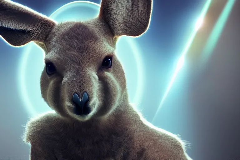 Image similar to portrait of a pagan psychic kangaroo god with four eyes and halo and spiritual emanations, cinematic, octane render, hyper detailed, lens flare, 4 k