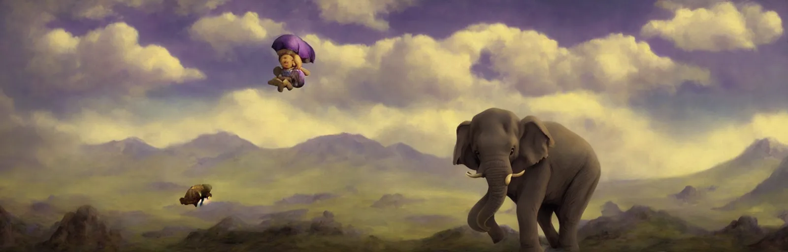 Prompt: A baby purple elephant flying in the clouds, mountains in the background, illustration, detailed, smooth, soft, warm, by Adolf Lachman, Shaun Tan, Surrealism