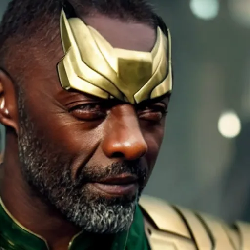 Prompt: film still of Idris Elba as Loki in new Avengers film, photorealistic 8k