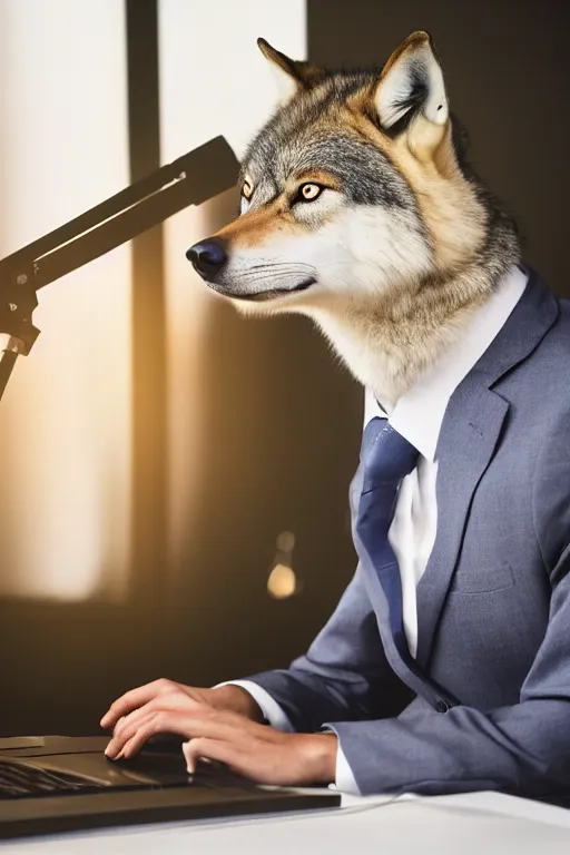 Prompt: anthropomorphic 🐺 that looks like a human, wearing business attire, sitting at a desk with a laptop, realistic, colored studio lighting, professional photography, nikon 5 0 mm f / 1. 8 g, canon