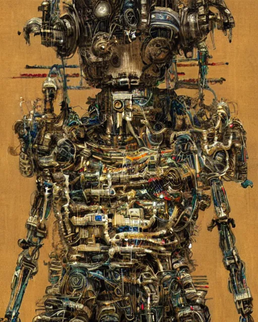 Image similar to Kuniyoshi portrait of a robot saint made of cables and robotic pod by greg rutkowski