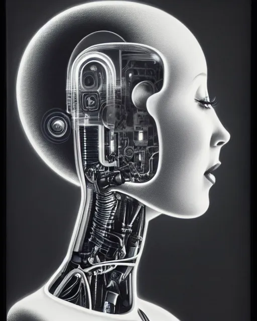 Image similar to a beautiful young female futuristic robot profile face, by laurie lipton, by ralph steadman, daguerrotype, closeup - view, f / 2. 8, low contrast, 1 6 k, x - ray, beautiful lighting, reflective, in a symbolic and meaningful style, surreal dreamy poetic