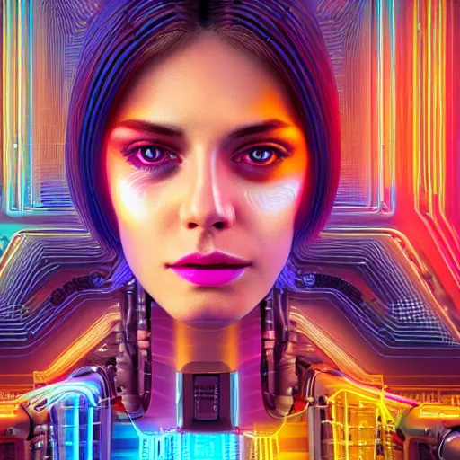 Image similar to a highly detailed portrait composition of an artificial intelligence bionic woman humanoid, symmetrical facial proportions, forward facing, symmetrical, with neon topaz marble skin and exposed colorful circuits and cables, extremely detailed, intrincate detailed, ultrafine, octane render, 4 k, artstation, cgsociety, by sam spratt and dan mumford and naoto hattori
