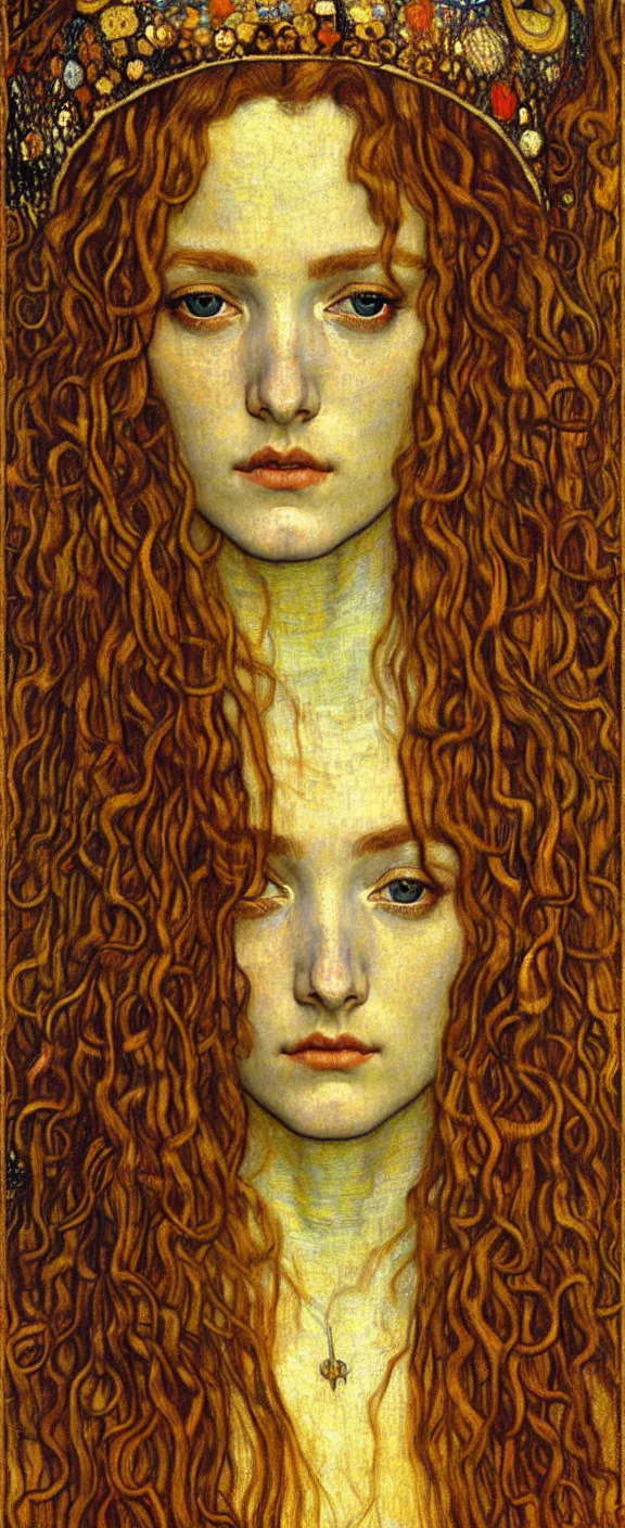 Image similar to detailed realistic beautiful young medieval queen face portrait by jean delville, gustav klimt and vincent van gogh, art nouveau, symbolist, visionary, gothic, pre - raphaelite, muted earthy colors, desaturated