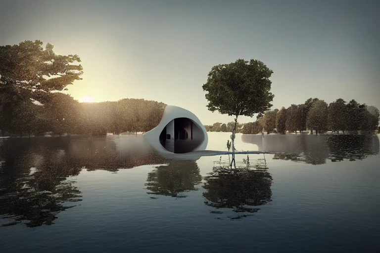 Image similar to many white round egg shaped building combinations intersect and depend on each other to form a building, by pierre bernard, on the calm lake, people's perspective, future, interior wood, dusk, unreal engine highly rendered, global illumination, radial light, internal environment