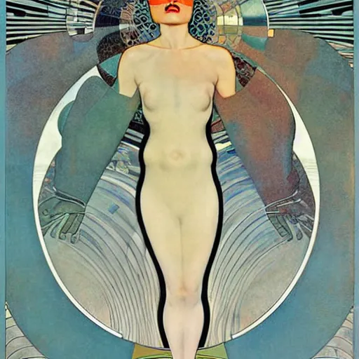 Image similar to art by coles phillips, a tall chrome - skinned goddess walks the earth, reflective skin, chrome, skin with a mirrror like finish similar to the silver surfer, mucha, kandinsky, joshua middleton