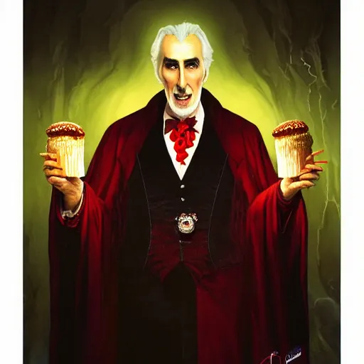 Image similar to portrait of Christopher Lee as Dracula eating hamburgers, advertising billboard, extra onions and ketchup, luscious patty with sesame seeds, ethereal, holy sacred light rays, handsome, D&D, fantasy, intricate, elegant, highly detailed, digital painting, artstation, concept art, matte, sharp focus, illustration, art by Artgerm and Greg Rutkowski and Alphonse Mucha