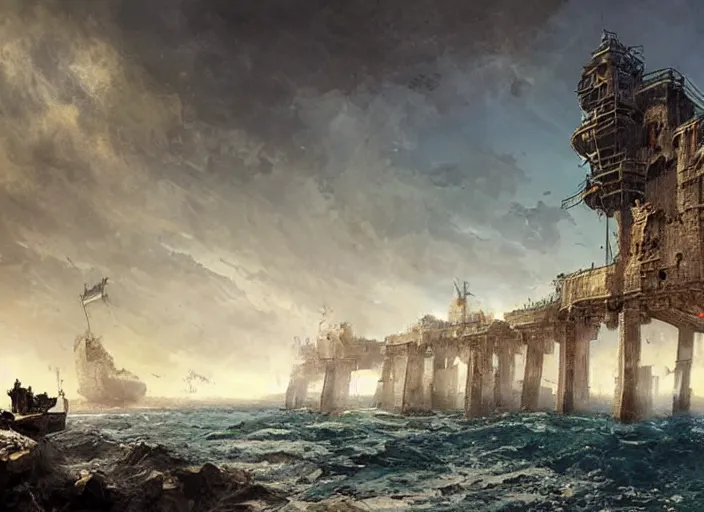 Prompt: A beautiful medieval metropolis built on a cliff overlooking the ocean, a large black pirate ship waiting in the pier. Fantasy digital painting by Greg Rutkowski