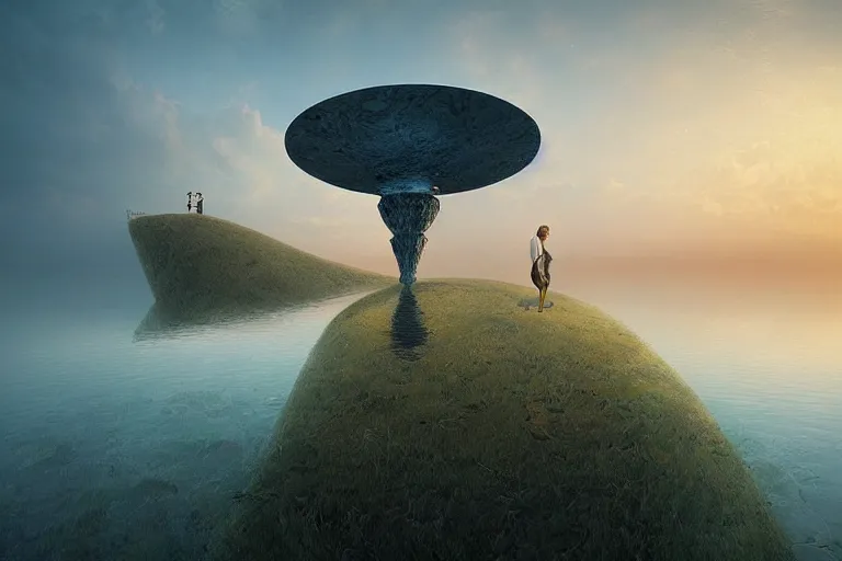 Image similar to a surreal landscape at sunset with a immense gigantic ornated iron chalice cup with a lake inside, water in excess dropping by gediminas pranckevicius