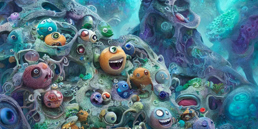 Image similar to of an intricate sea reef with strange cute friendly happy creatures with huge eyes, mouth, long tongue, round teeth and goofy face, appearing from the background, in the style of gehry and gaudi, macro lens, shallow depth of field, ultra detailed, digital painting, trending artstation, concept art, illustration, cinematic lighting, photorealism, epic, octane render