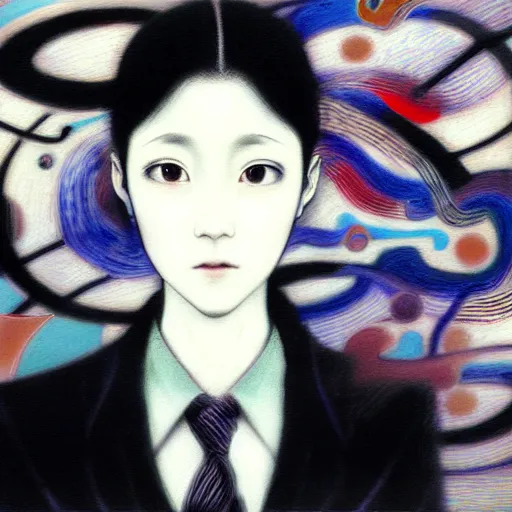 Image similar to yoshitaka amano blurred and dreamy realistic three quarter angle portrait of a young woman with short hair and black eyes wearing office suit with tie, junji ito abstract patterns in the background, satoshi kon anime, noisy film grain effect, highly detailed, renaissance oil painting, weird portrait angle, blurred lost edges