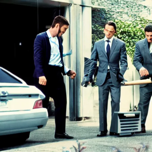 Image similar to three men in business casual outfits beating the shit out of a printer with a baseball bat, movie still, outside, sunny day