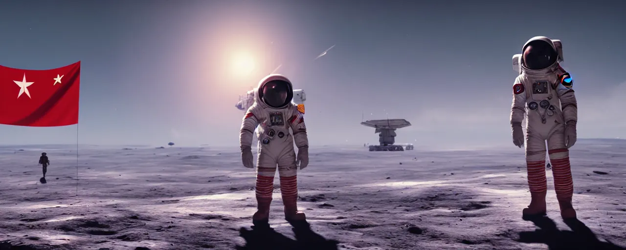 Prompt: a lonely red cosmonaut holding vietnam flag, standing on the moon spaceship in the background, wide angle cinematic composition, concept art by greg rutkowski, octane render
