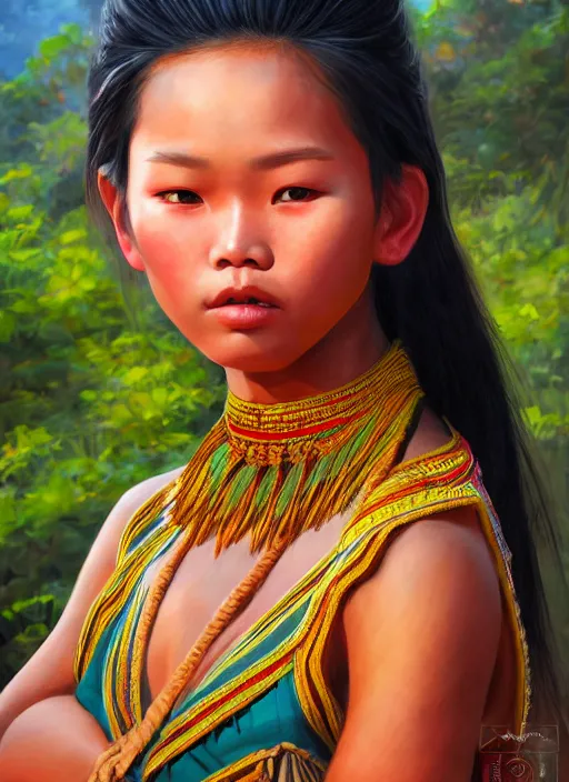 Image similar to portrait of a beautiful teen khmer ethnic northeast thailand, closeup portrait, historical, ethnic group, traditional costume, elegant, loin cloth, highly detailed, oil painting, artstation, concept art, matte, sharp focus, illustration, hearthstone, art by earl norem