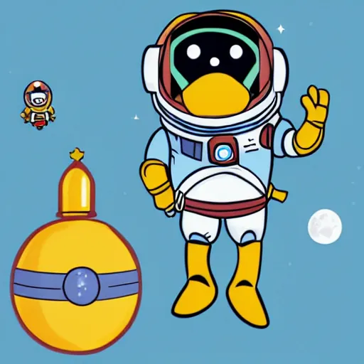 Image similar to cute astronaut penguin with helmet on, floating on space, in the style of the new buzz lightyear movie