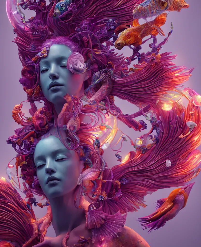 Image similar to goddess full color painted acryllic sculpture close-up portrait. orchid bird phoenix head, nautilus, skull, betta fish, bioluminiscent creatures, intricate artwork by Tooth Wu and wlop and beeple. octane render, trending on artstation, greg rutkowski very coherent symmetrical artwork. cinematic, hyper realism, high detail, octane render, 8k