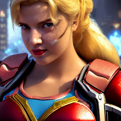 Image similar to portrait of princess peach as superman in gears of war, splash art, movie still, detailed face, photorealistic facial features, cinematic lighting, dramatic, octane render, long lens, shallow depth of field, bokeh, anamorphic lens flare, 8 k, hyper detailed, 3 5 mm film grain