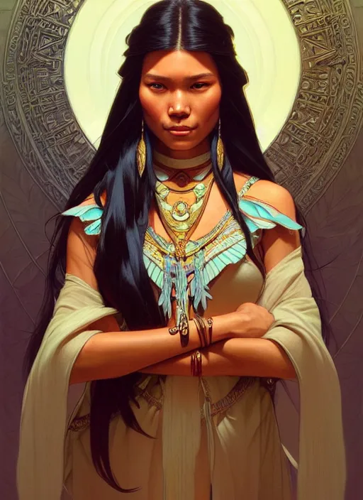 Prompt: portrait of pocahontas, intricate, elegant, highly detailed, my rendition, digital painting, artstation, concept art, smooth, sharp focus, illustration, art by artgerm and greg rutkowski and alphonse mucha and uang guangjian and gil elvgren and sachin teng, symmetry!!