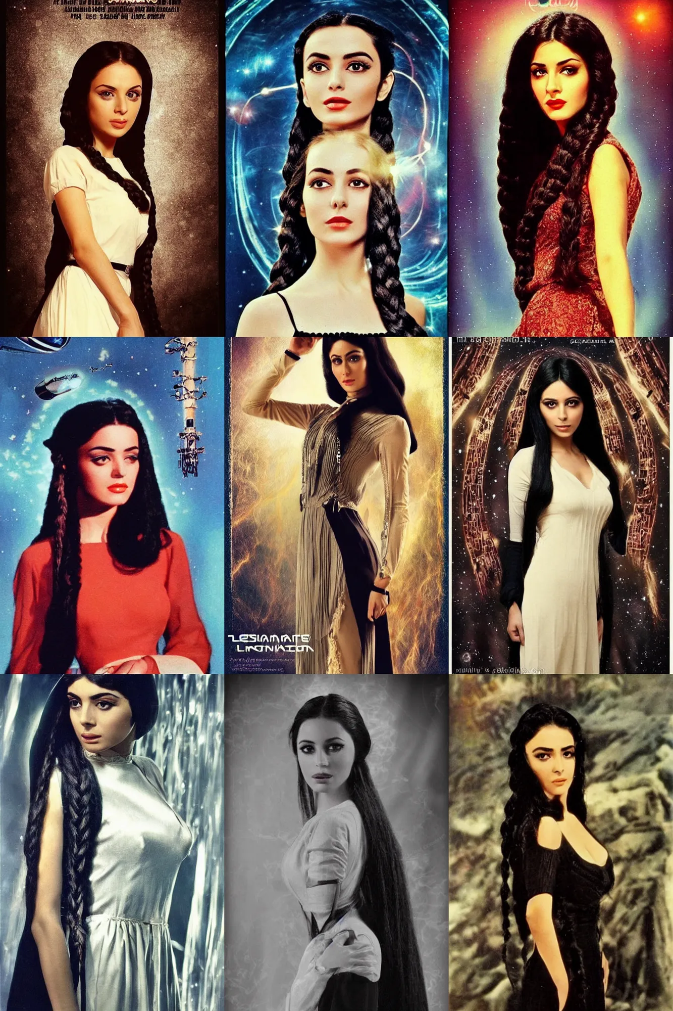 Prompt: beautiful iranian woman, light makeup, long black hair in a braid. beautiful simple dress. retro sci - fi movie poster.