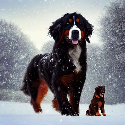 Image similar to girl riding giant Bernese Mountain Dog in the snow, trending on artstation