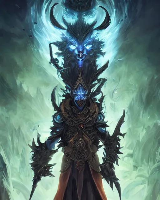 Image similar to Dark Cat Magus, Tzeentch, magic the gathering artwork, D&D, fantasy, cinematic lighting, centered, symmetrical, highly detailed, digital painting, artstation, concept art, smooth, sharp focus, illustration, volumetric lighting, epic Composition, 8k, art by Akihiko Yoshida and Greg Rutkowski and Craig Mullins, oil painting, cgsociety