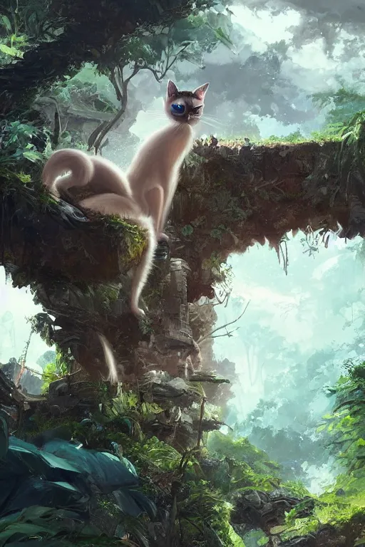 Prompt: highly detailed painting of a siamese cat with bright blue eyes, cinematic lighting, dramatic atmosphere, by Dustin Nguyen, Akihiko Yoshida, Greg Tocchini, Greg Rutkowski, Cliff Chiang, 4k resolution, luminous verdant jungle ruins background