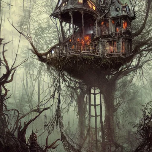 Image similar to dilapidated broken baba yagas steampunk treehouse, tucked within the witchwood forest, evil fairies, overgrown, detailed intricate ink illustration, dark atmosphere, detailed illustration, hd, 4k, digital art, overdetailed art, concept art, by greg rutkowski, by loish, complementing colors, Trending on artstation, deviantart