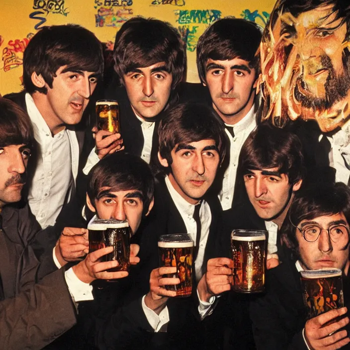 Prompt: The four Beatles drink beer in a 1980s underground club, graffiti on the walls, photo by annie leibovitz, shot on a Mamiya RZ67, 4k