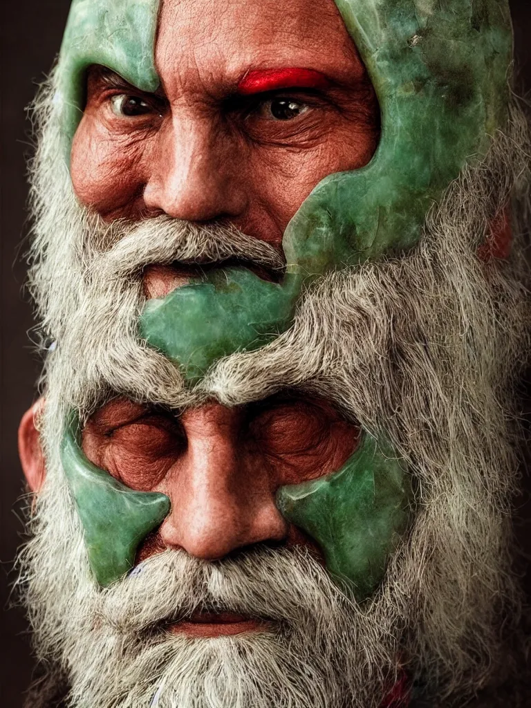 Prompt: portrait of a man in ancient green jade mask of old man with beard and red mantle, fantasy, artgerm