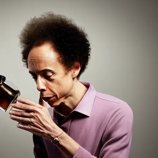 Image similar to Malcolm Gladwell sniffing from a jar with smell lines coming from it