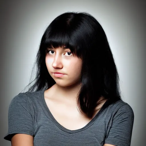 Image similar to young woman with long messy black hair, slightly smiling, 1 3 5 mm nikon portrait