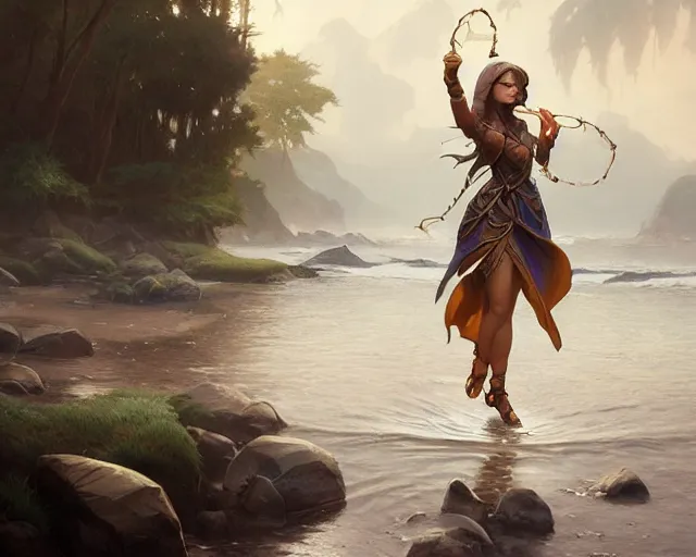 Prompt: skipping stones, deep focus, d & d, fantasy, intricate, elegant, highly detailed, digital painting, artstation, concept art, matte, sharp focus, illustration, hearthstone, art by artgerm and greg rutkowski and alphonse mucha