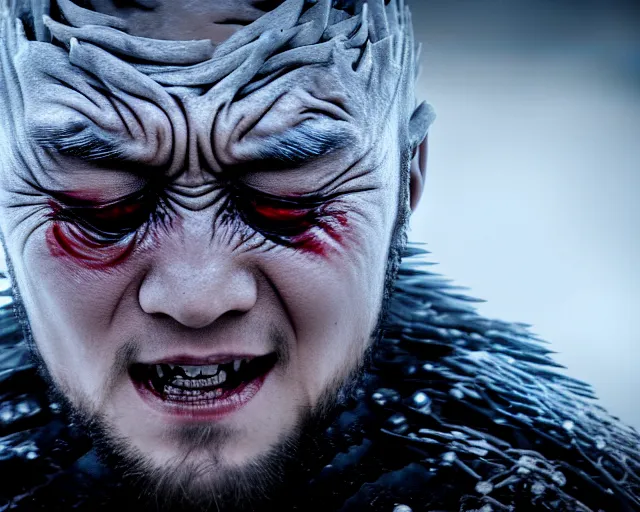 Image similar to justin sun crying as night king in game of thrones, extreme close - up of head encased in clear ice ball, crimson - black bee army behind, 4 k, epic, cinematic, focus, movie still, fantasy, extreme detail, atmospheric, dark colour, sharp focus