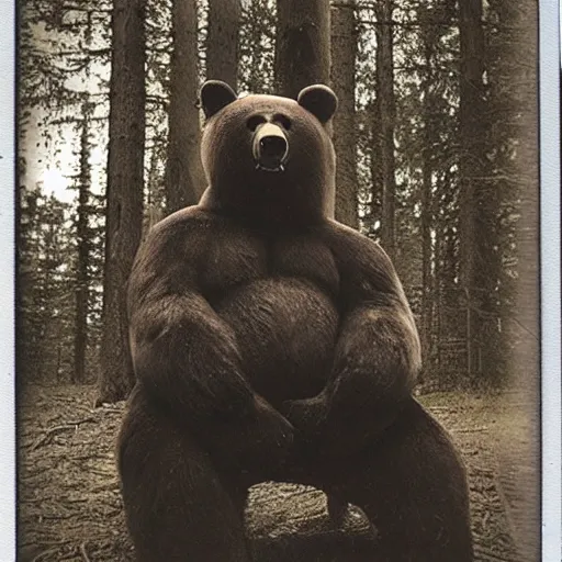 Prompt: polaroid photo of a giant bear,real life,creepy,eerie,mysterious